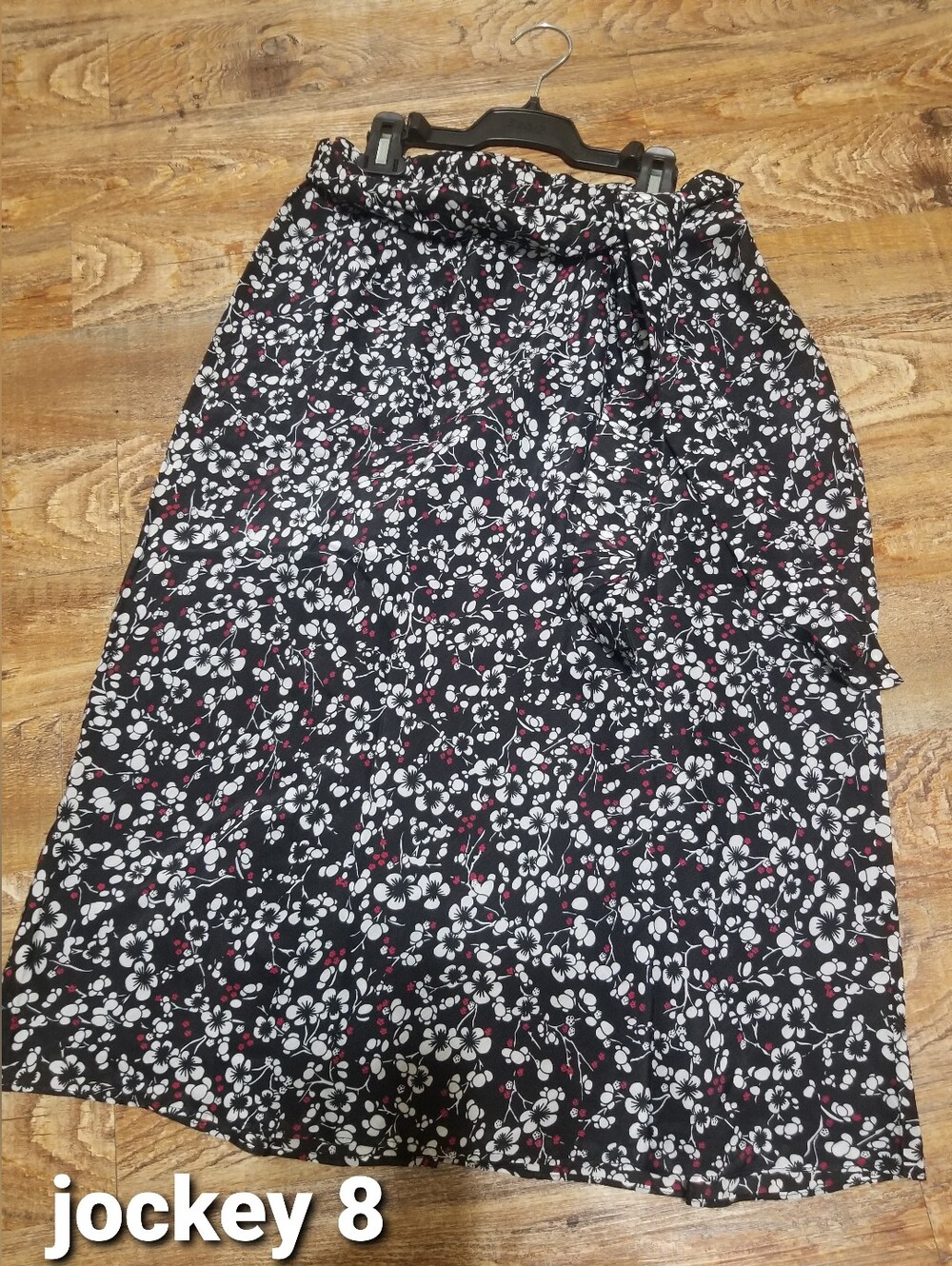Jockey Skirt, A line, Black floral, Below knee, Size 8, Casual, Summer